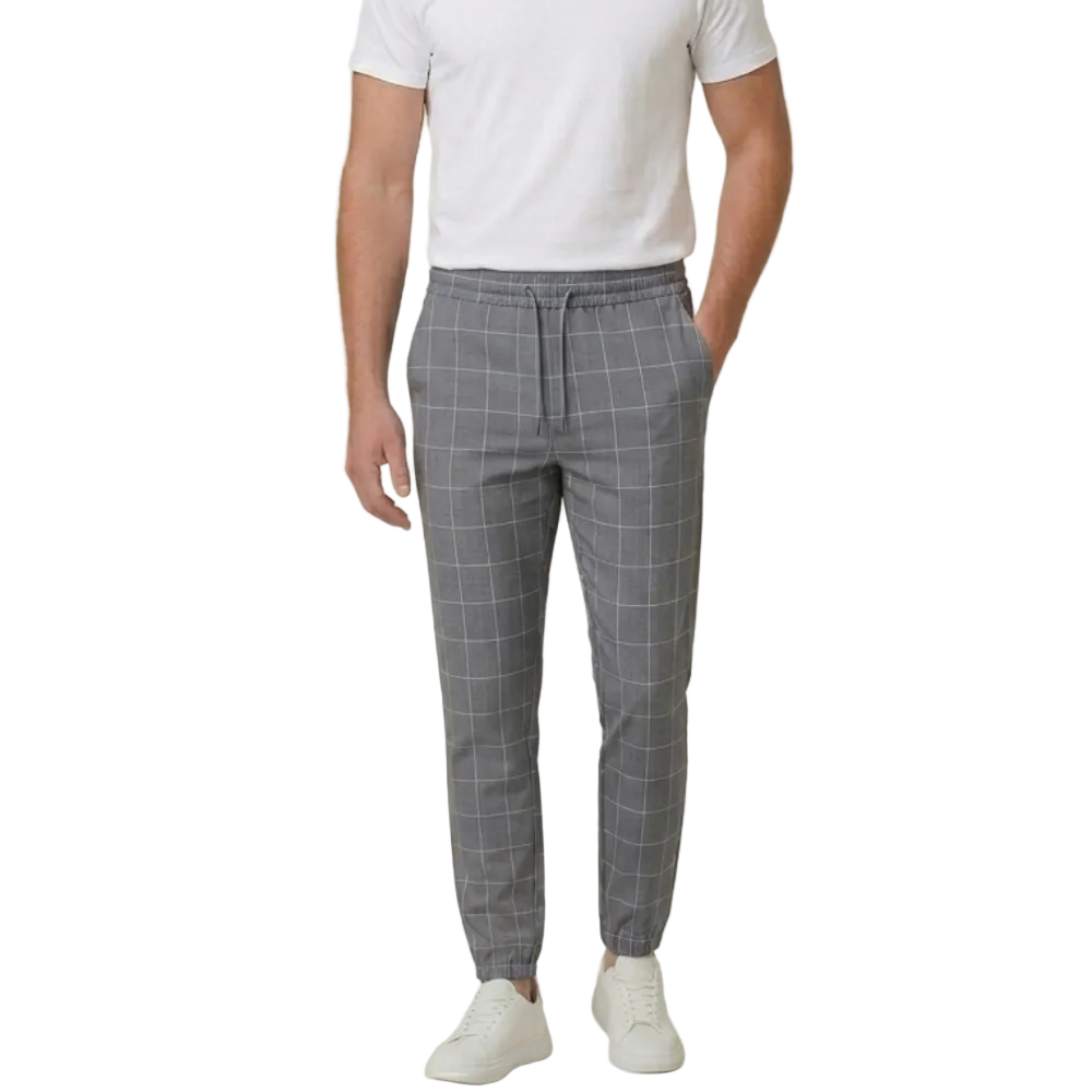 Męskie spodnie joggery w kratę windowpane - spodnie slim fit z troczkami