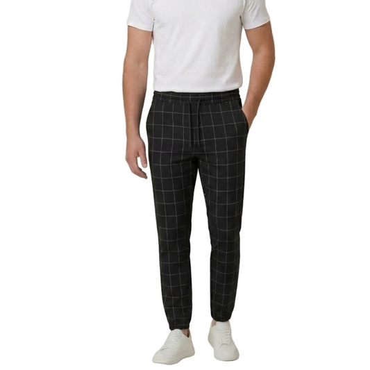 Męskie spodnie joggery w kratę windowpane - spodnie slim fit z troczkami