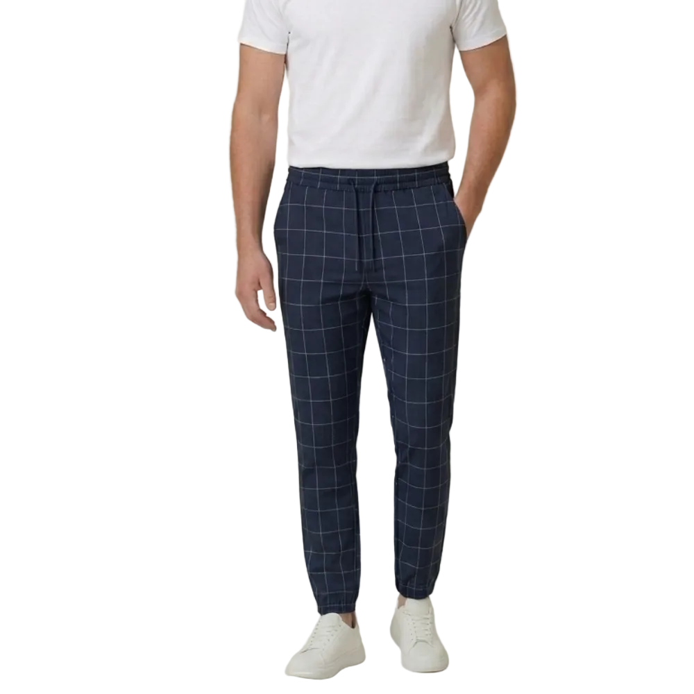 Męskie spodnie joggery w kratę windowpane - spodnie slim fit z troczkami