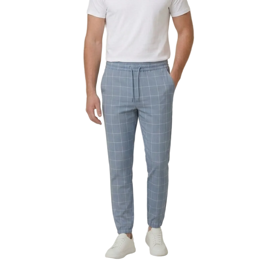 Męskie spodnie joggery w kratę windowpane - spodnie slim fit z troczkami